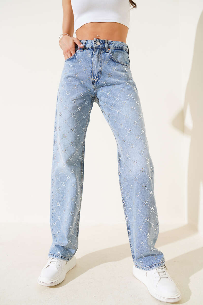 Wide-Leg Jeans with Diamond Stones - Light Blue