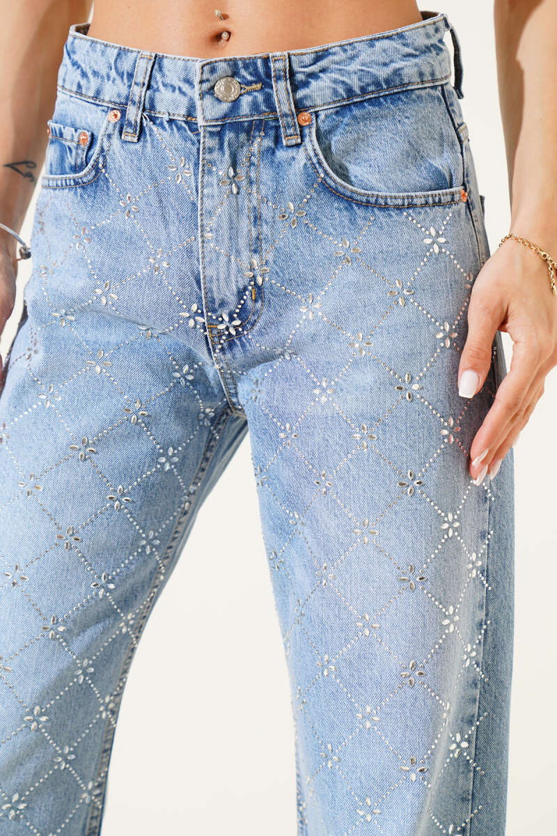 Wide-Leg Jeans with Diamond Stones - Light Blue