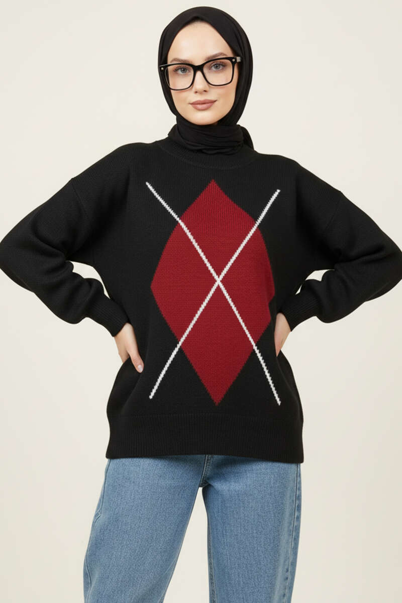 Diamond Pattern Knit Sweater - Black-Burgundy