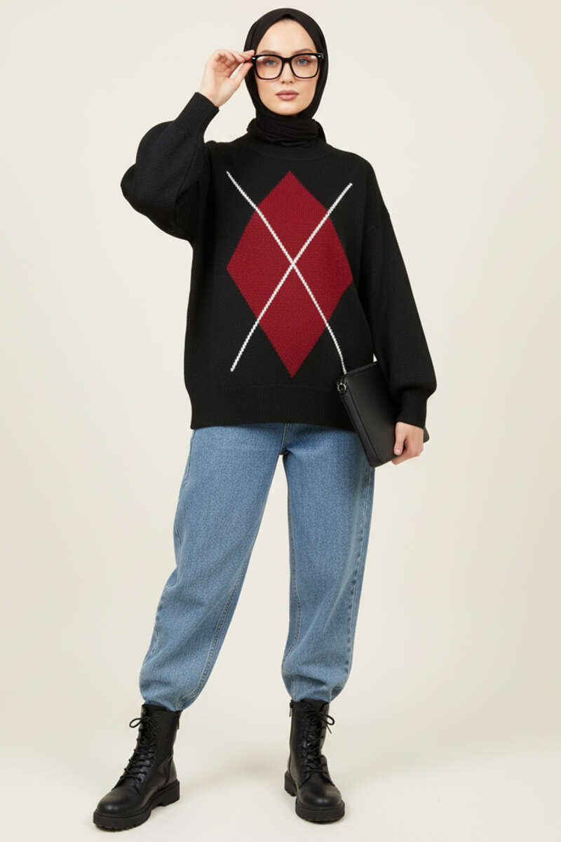 Diamond Pattern Knit Sweater - Black-Burgundy