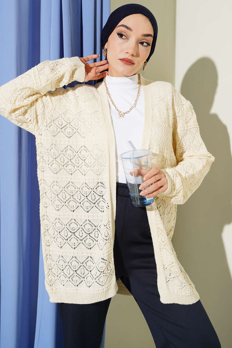 Diamond-Pattern Pointelle Knit Cardigan - Beige