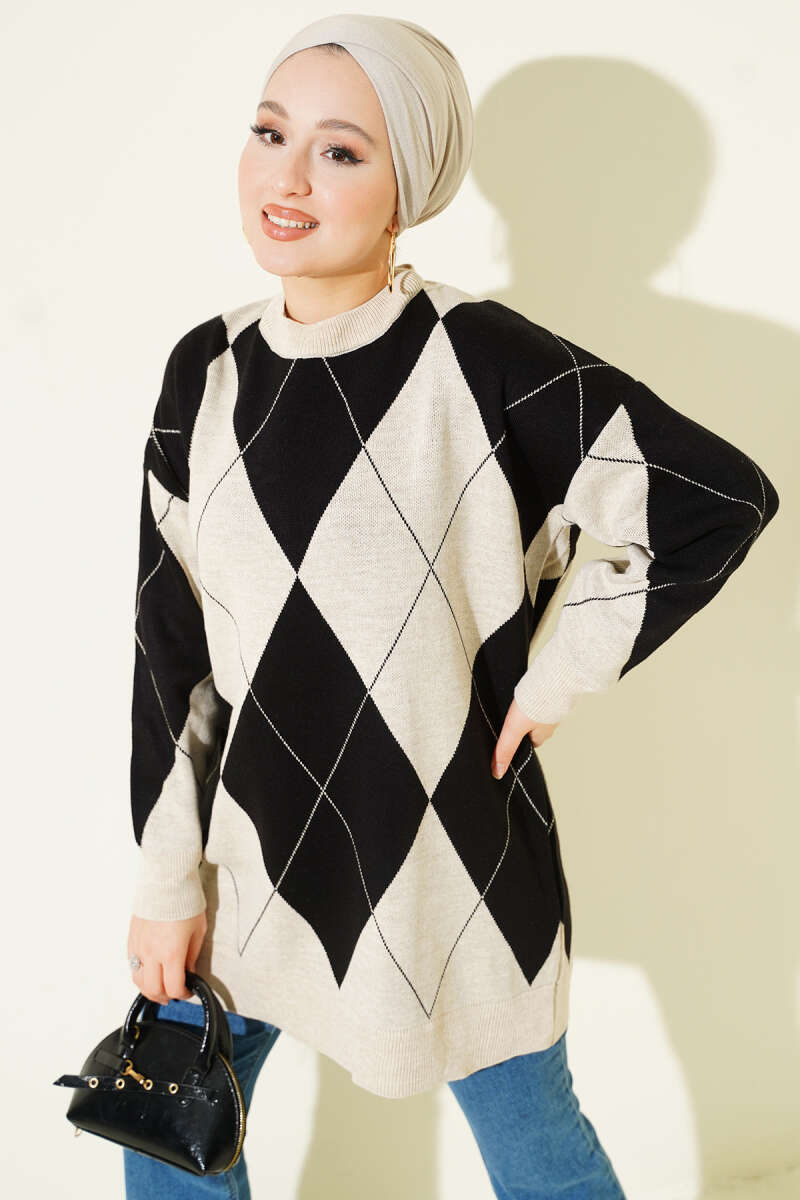 Basic Diamond-Pattern Knit Tunic - Stone