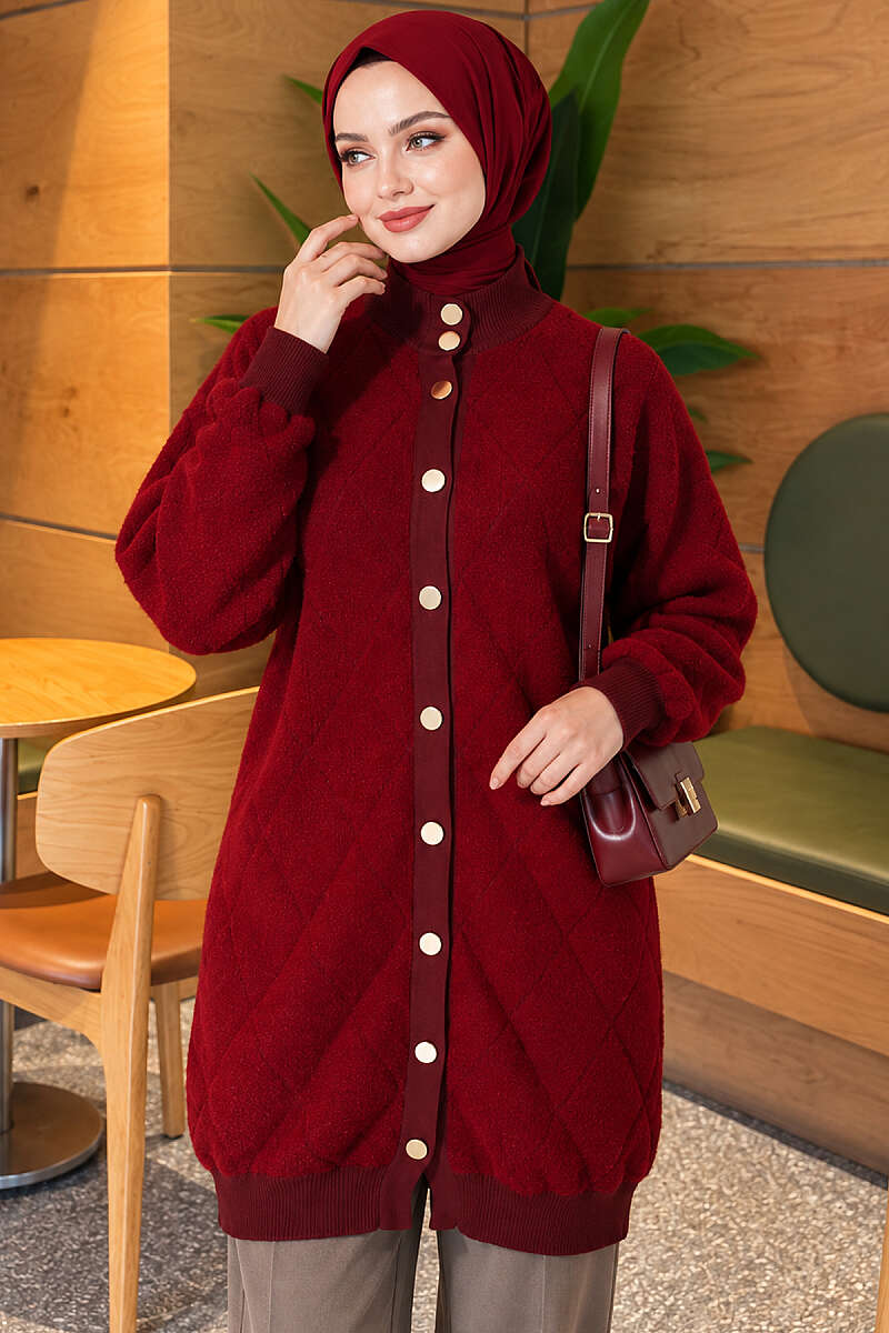 Diamond-Pattern Brushed Button Cardigan - Burgundy