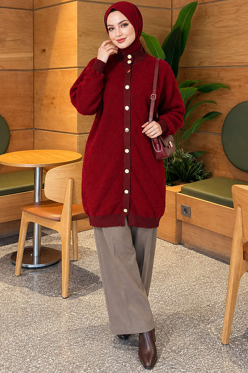 Diamond-Pattern Brushed Button Cardigan - Burgundy