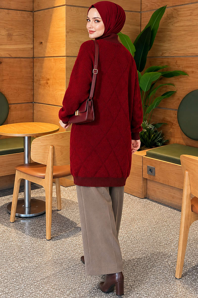 Diamond-Pattern Brushed Button Cardigan - Burgundy