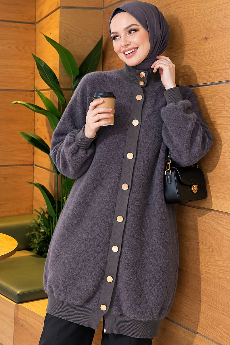 Diamond-Pattern Brushed Button Cardigan - Smoke Grey