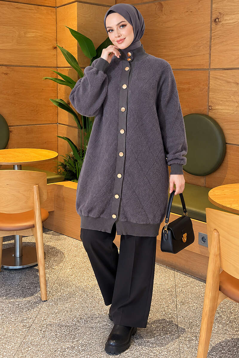 Diamond-Pattern Brushed Button Cardigan - Smoke Grey