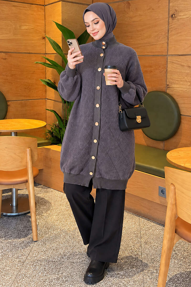 Diamond-Pattern Brushed Button Cardigan - Smoke Grey