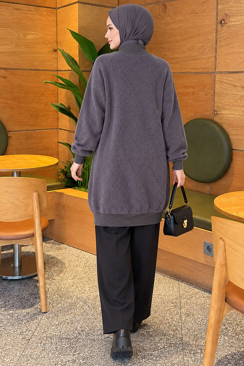 Diamond-Pattern Brushed Button Cardigan - Smoke Grey