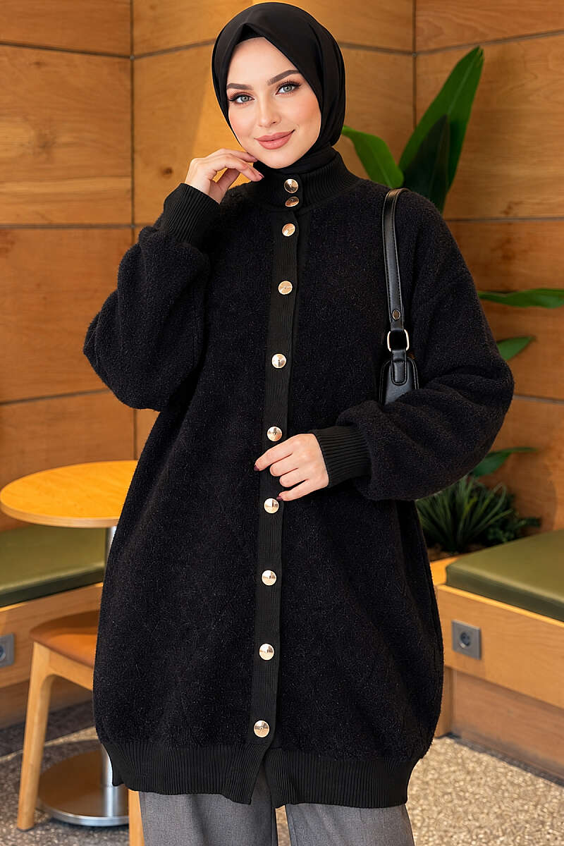 Diamond-Pattern Brushed Button Cardigan - Black