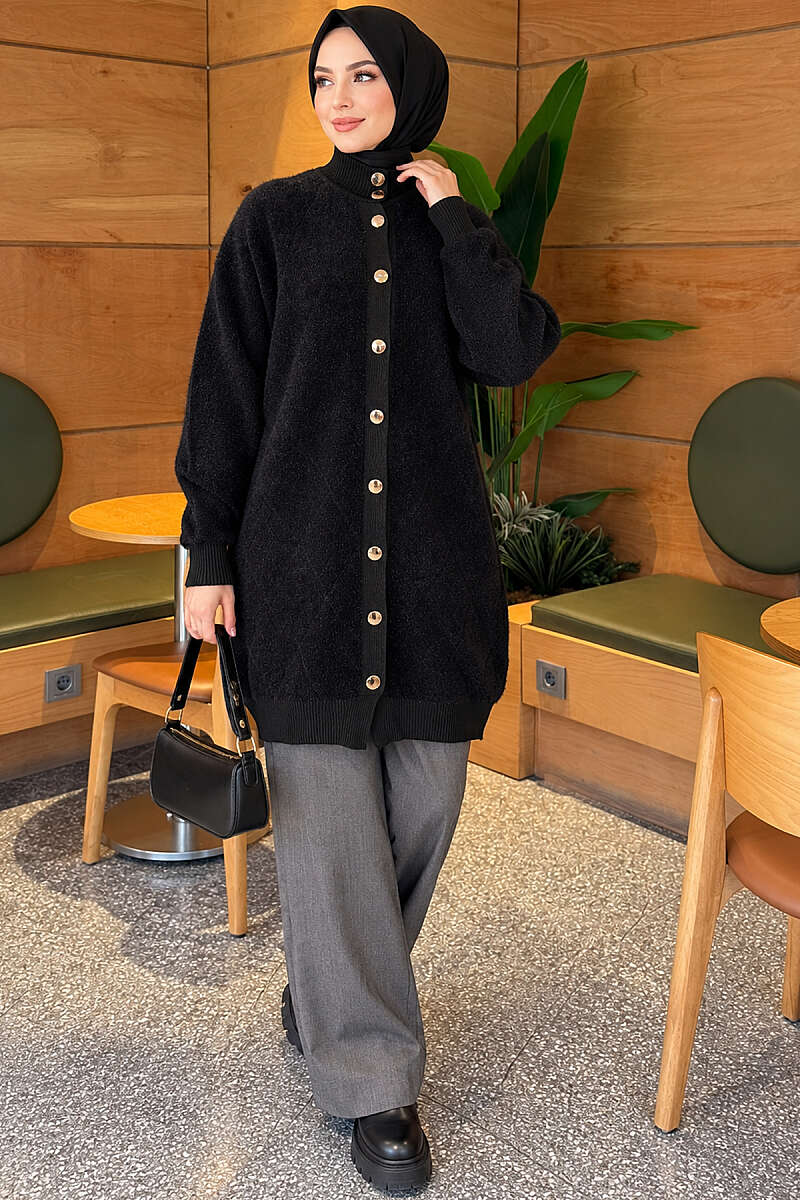 Diamond-Pattern Brushed Button Cardigan - Black