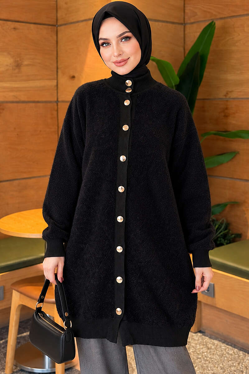 Diamond-Pattern Brushed Button Cardigan - Black