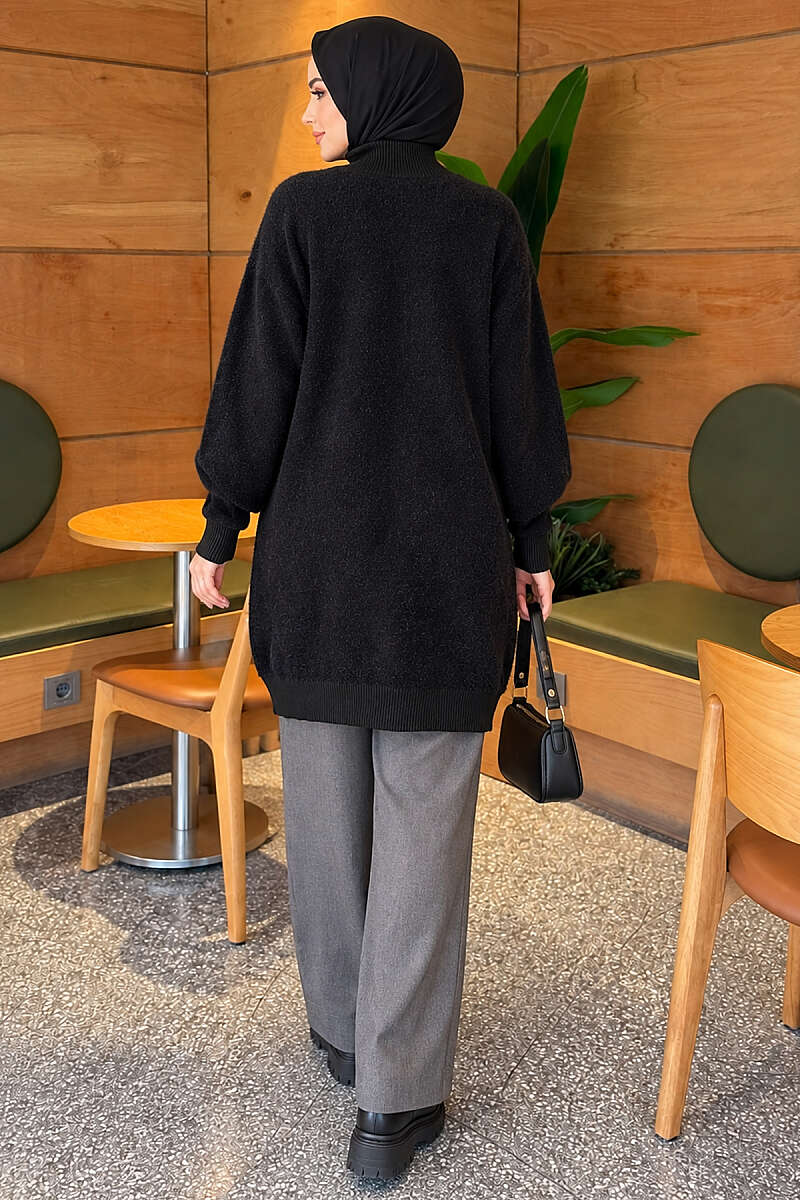 Diamond-Pattern Brushed Button Cardigan - Black
