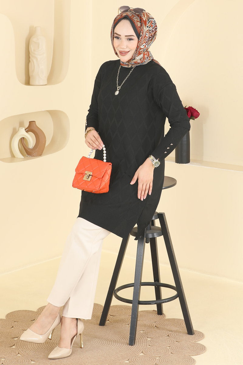 Diamond-Pattern Mercerised Knit Tunic - Black