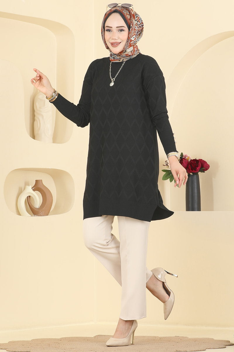 Diamond-Pattern Mercerised Knit Tunic - Black