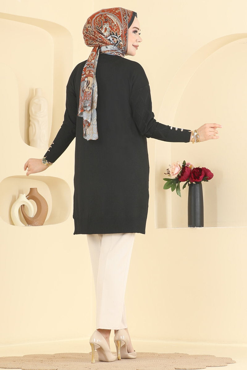 Diamond-Pattern Mercerised Knit Tunic - Black