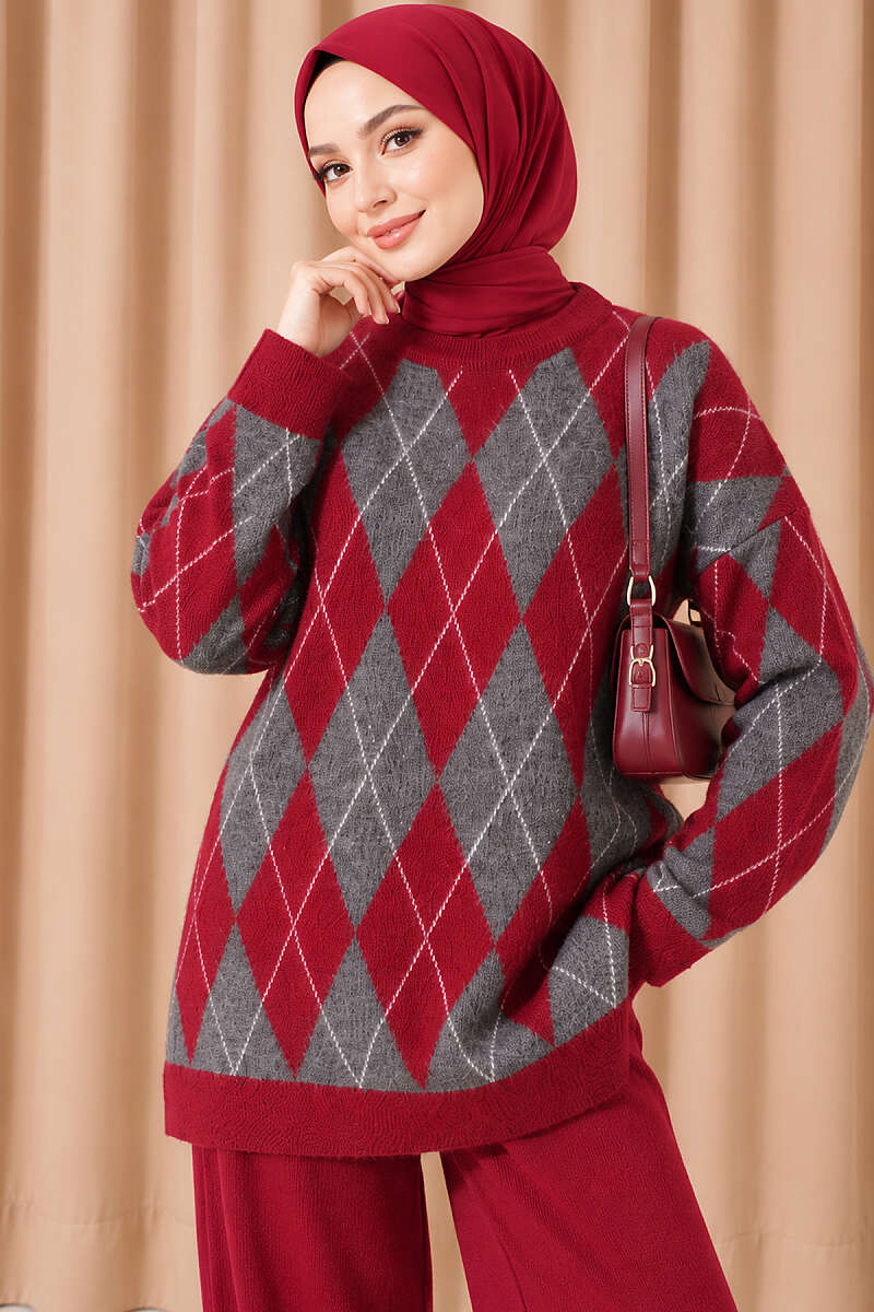 Diamond-Pattern Knit Two-Piece Set - Burgundy