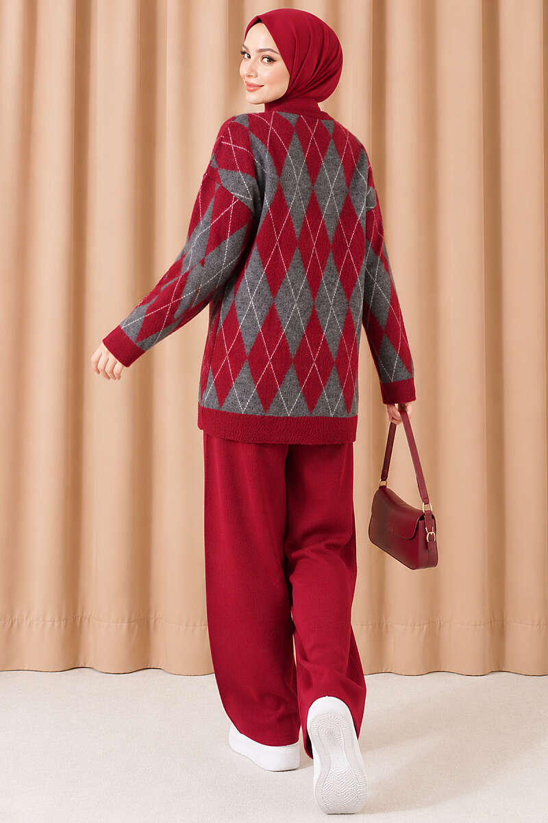 Diamond-Pattern Knit Two-Piece Set - Burgundy