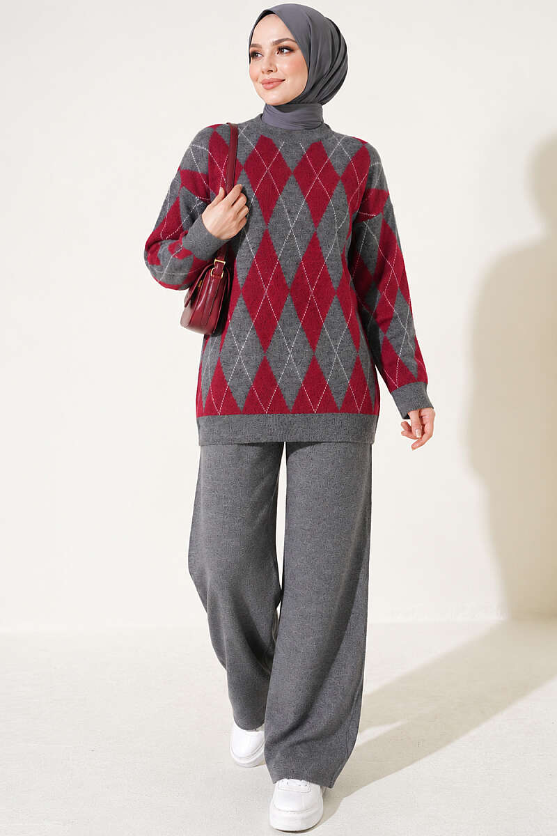 Diamond-Pattern Knit Two-Piece Set - Smoke Grey