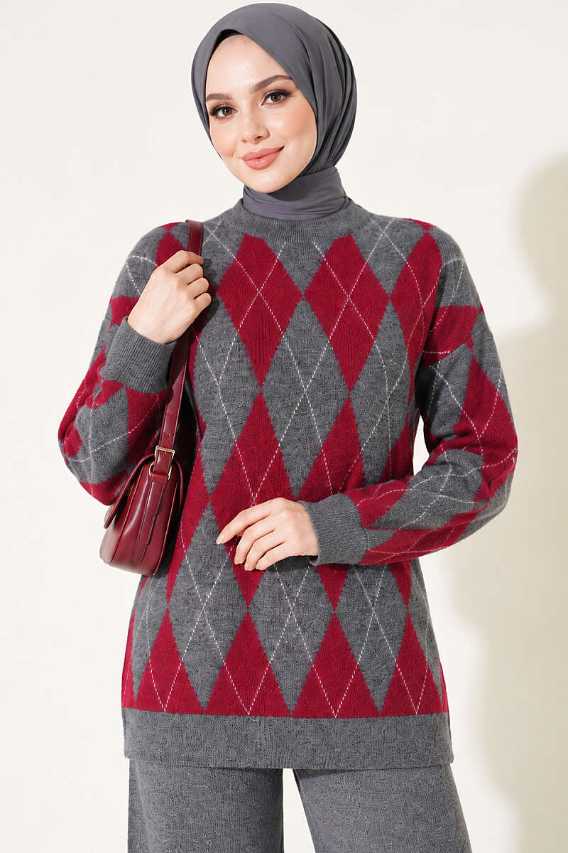 Diamond-Pattern Knit Two-Piece Set - Smoke Grey