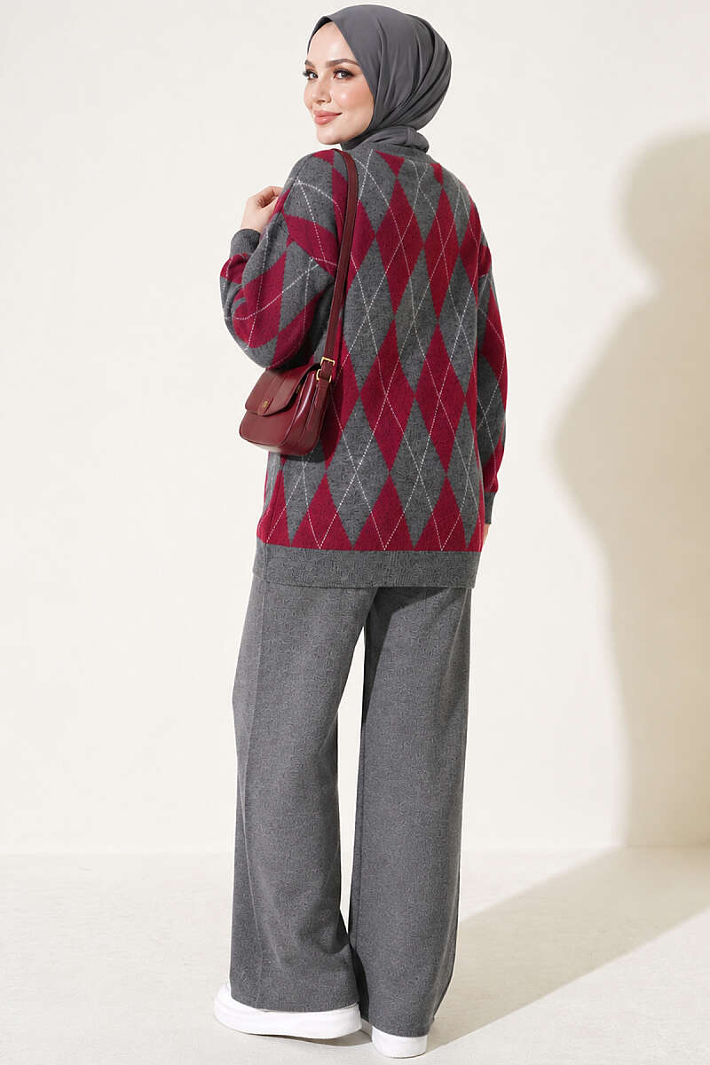 Diamond-Pattern Knit Two-Piece Set - Smoke Grey