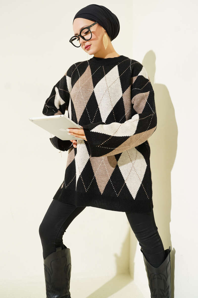 Diamond-Pattern Knit Tunic - Black