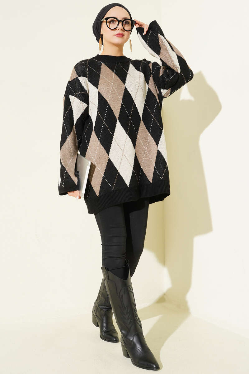 Diamond-Pattern Knit Tunic - Black