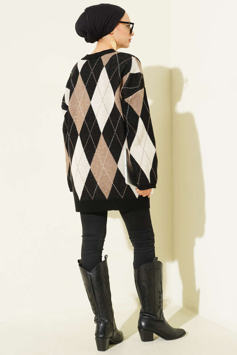 Diamond-Pattern Knit Tunic - Black