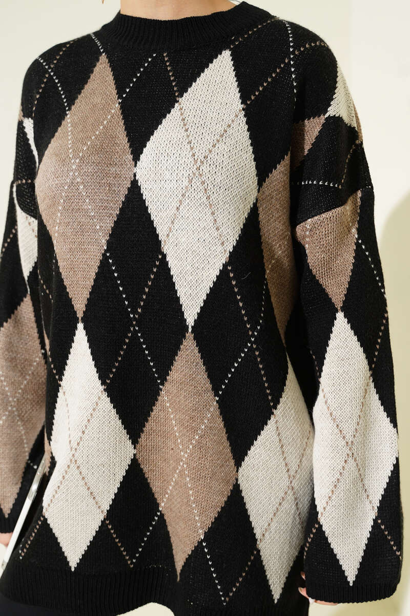 Diamond-Pattern Knit Tunic - Black