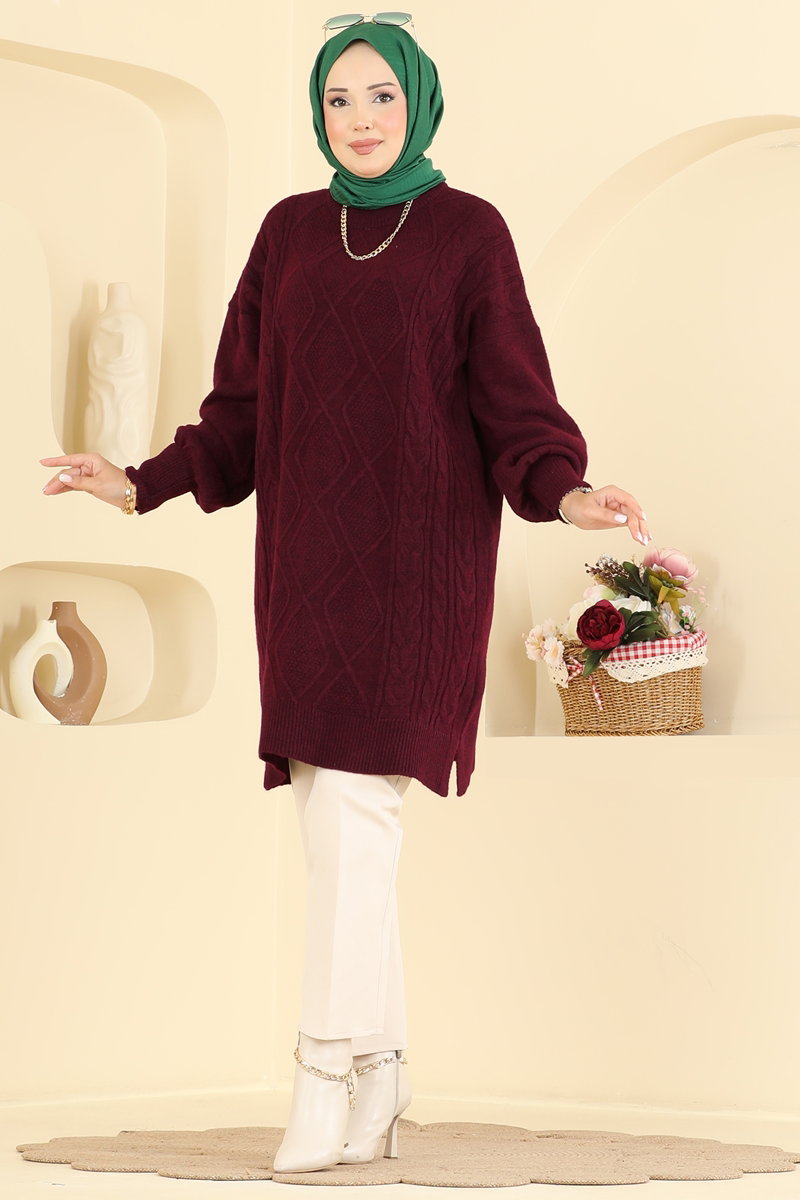 Diamond-Knit Tunic - Burgundy