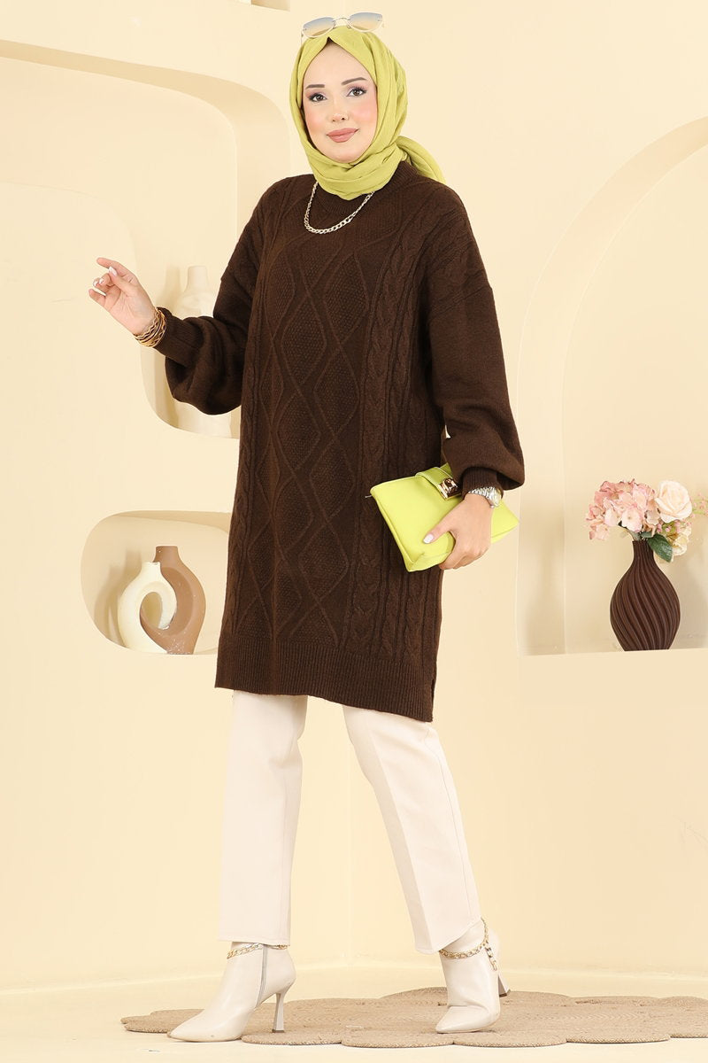 Diamond-Knit Tunic - Brown