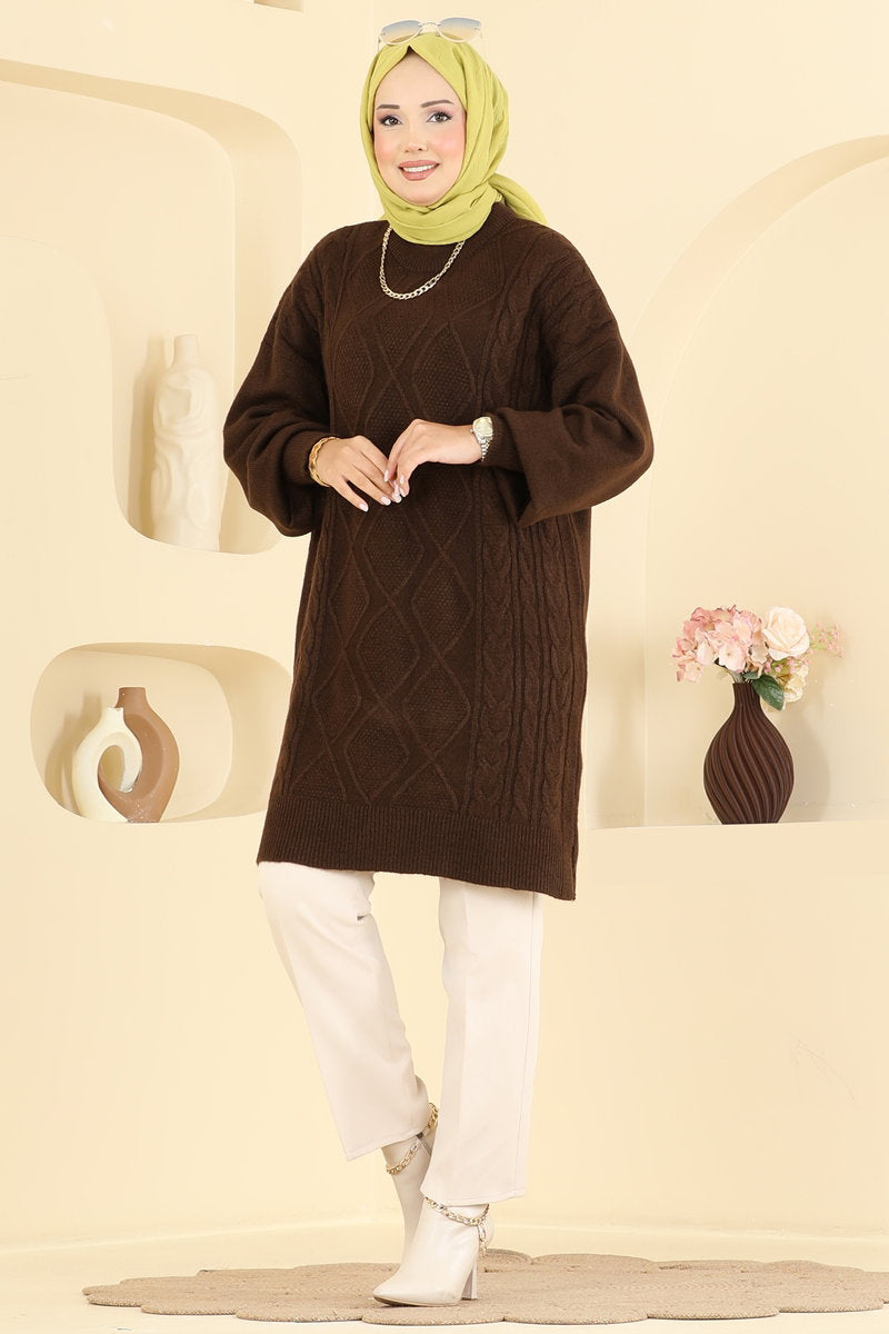 Diamond-Knit Tunic - Brown
