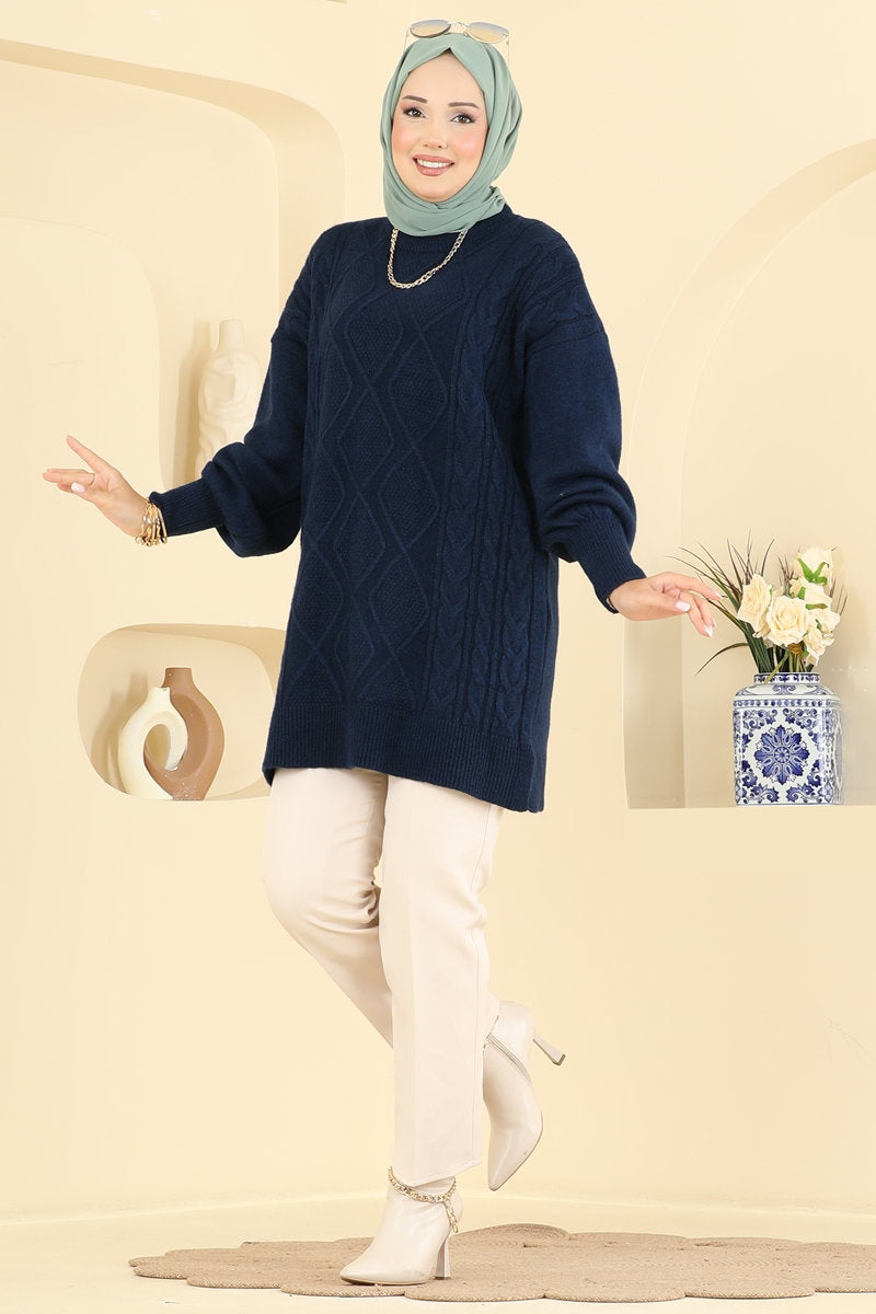 Diamond-Knit Tunic - Navy