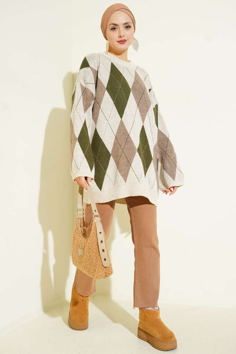 Diamond-Pattern Knit Tunic - Beige