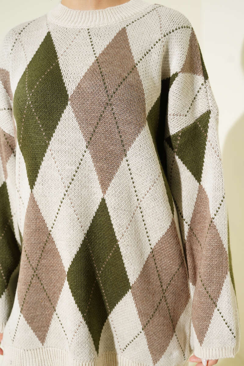 Diamond-Pattern Knit Tunic - Beige