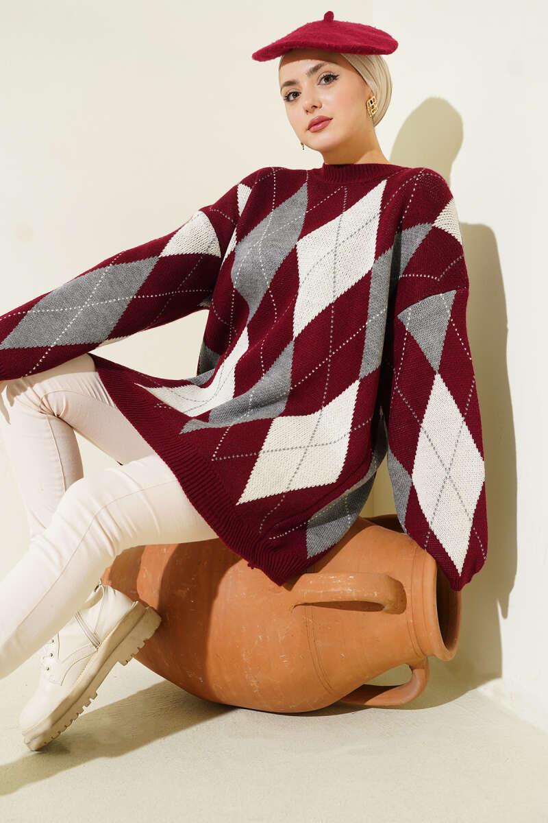 Diamond-Pattern Knit Tunic - Burgundy