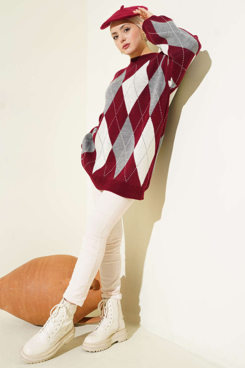 Diamond-Pattern Knit Tunic - Burgundy