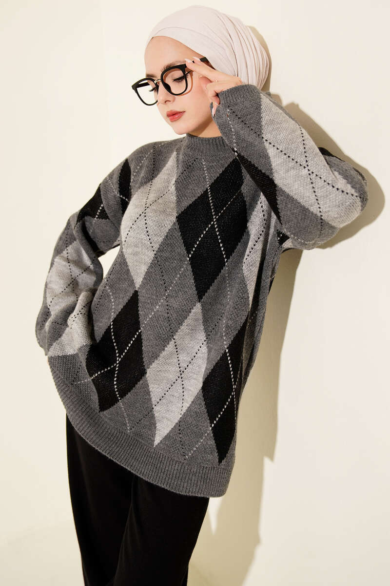 Diamond-Pattern Knit Tunic - Smoke Grey