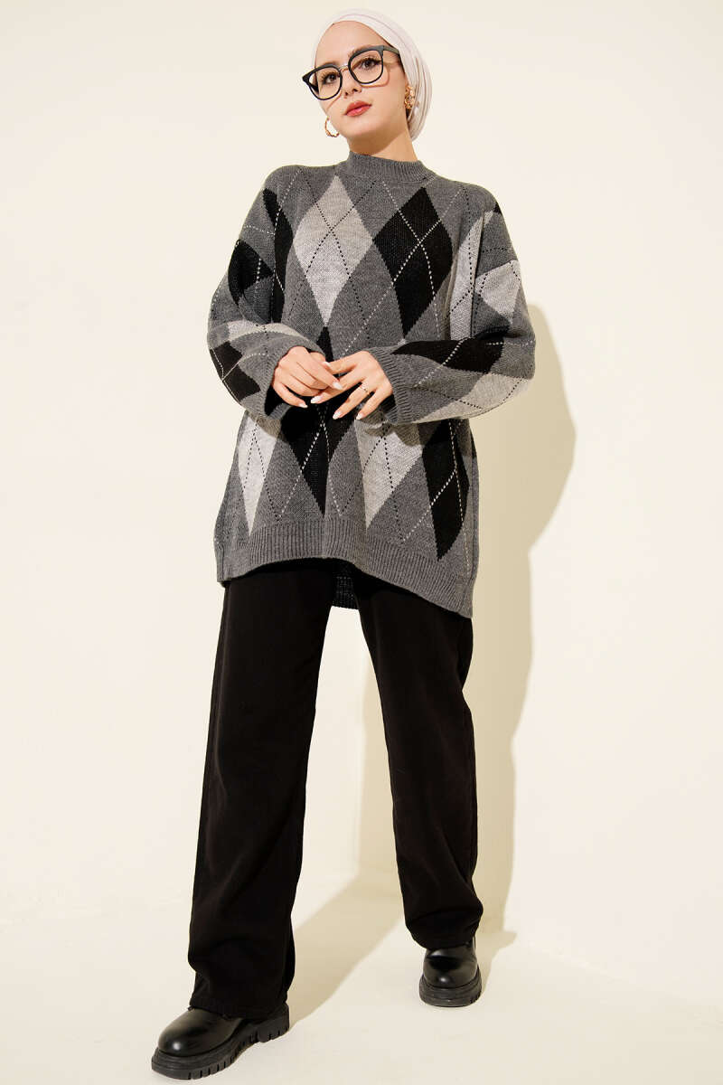 Diamond-Pattern Knit Tunic - Smoke Grey