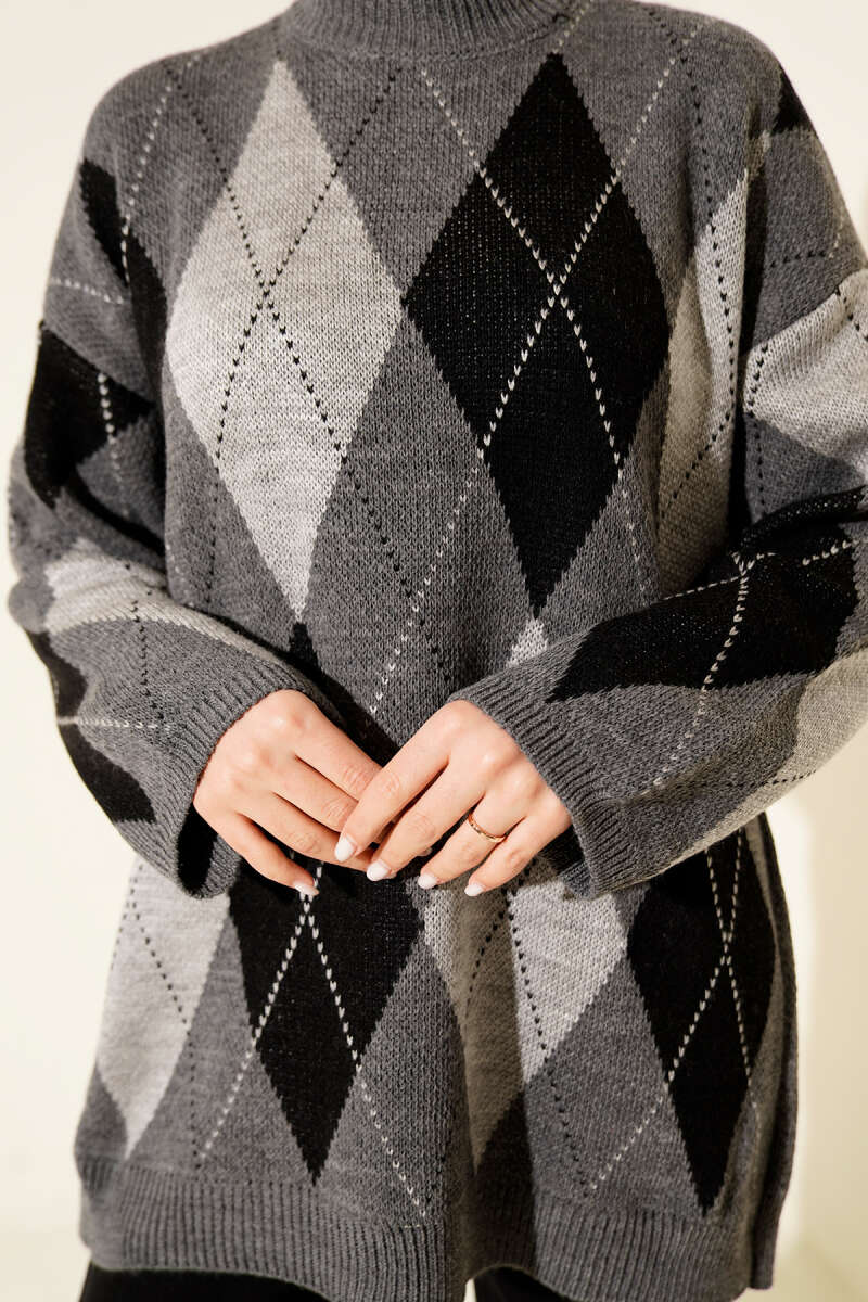 Diamond-Pattern Knit Tunic - Smoke Grey