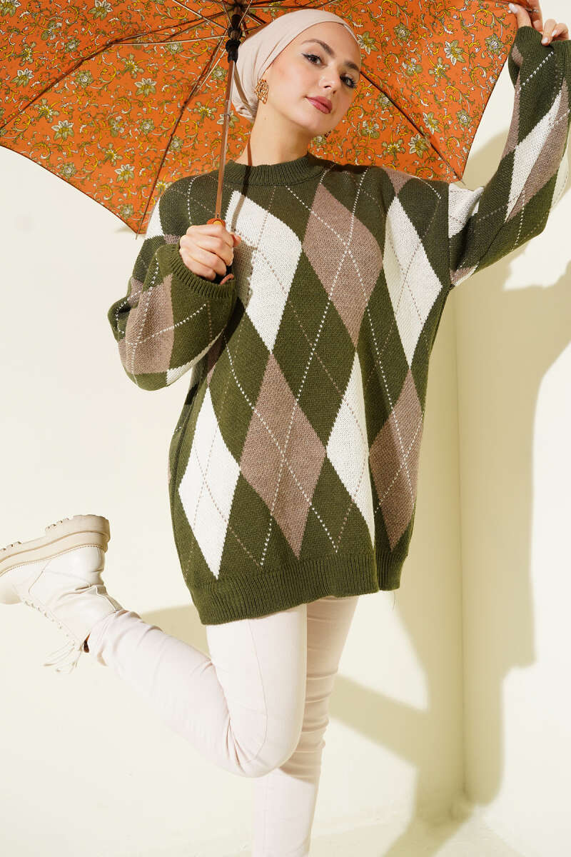 Diamond-Pattern Knit Tunic - Khaki