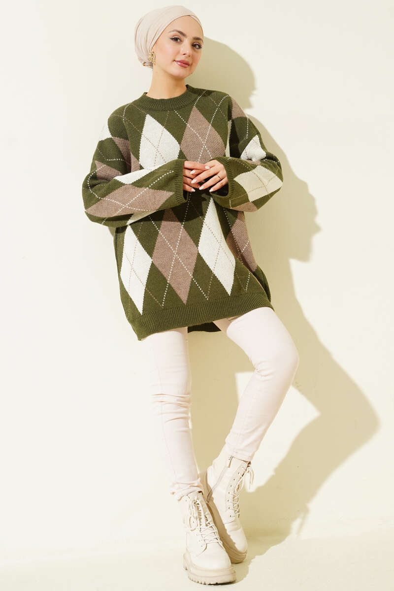 Diamond-Pattern Knit Tunic - Khaki