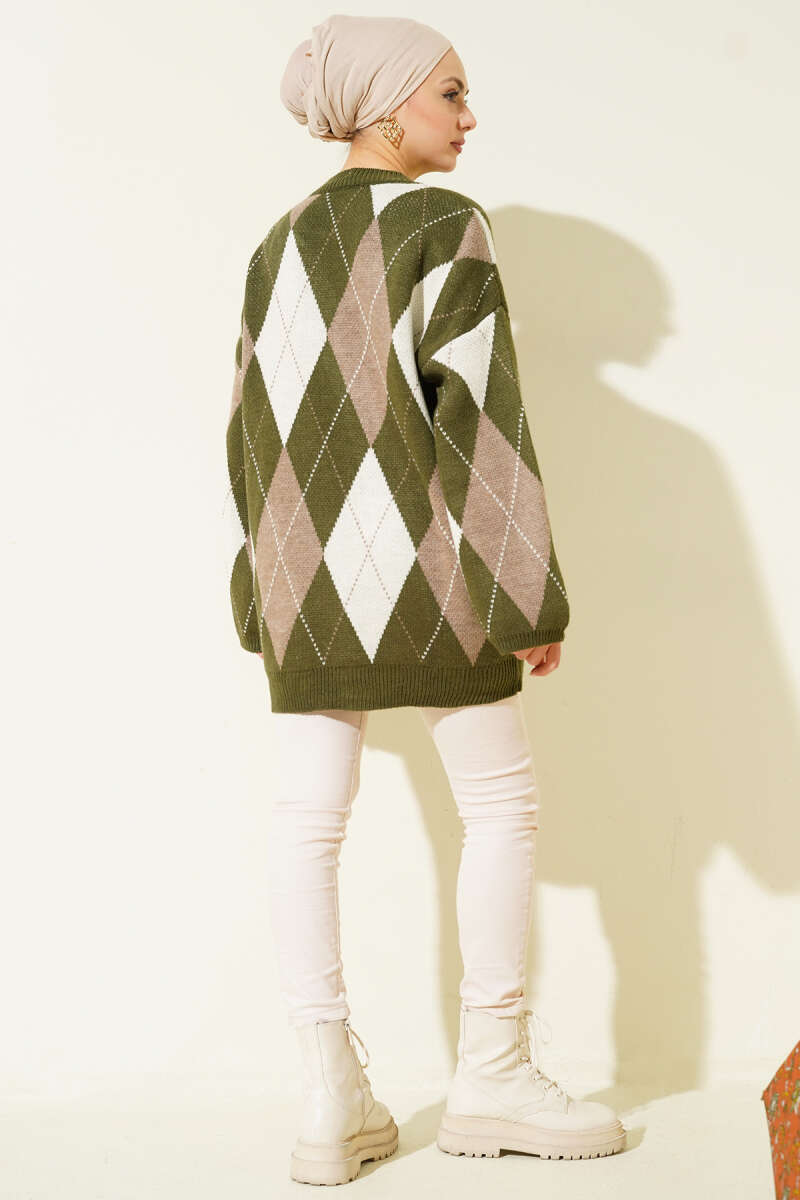 Diamond-Pattern Knit Tunic - Khaki