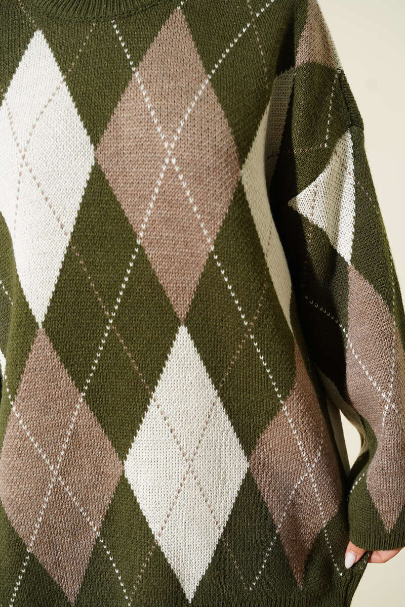 Diamond-Pattern Knit Tunic - Khaki