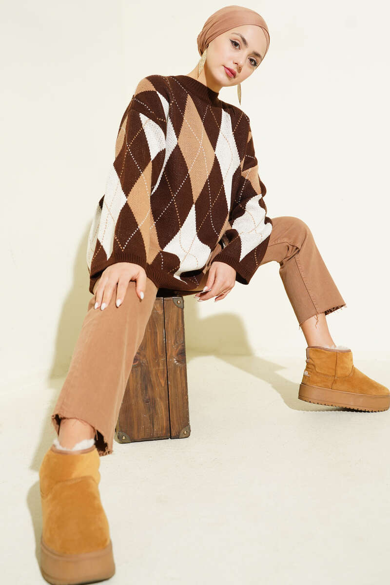 Diamond-Pattern Knit Tunic - Brown