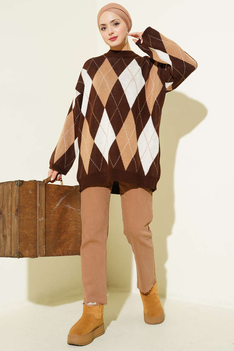 Diamond-Pattern Knit Tunic - Brown
