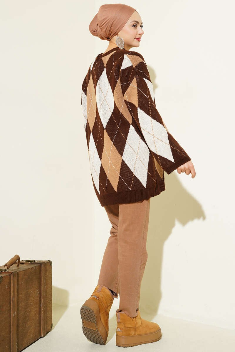 Diamond-Pattern Knit Tunic - Brown