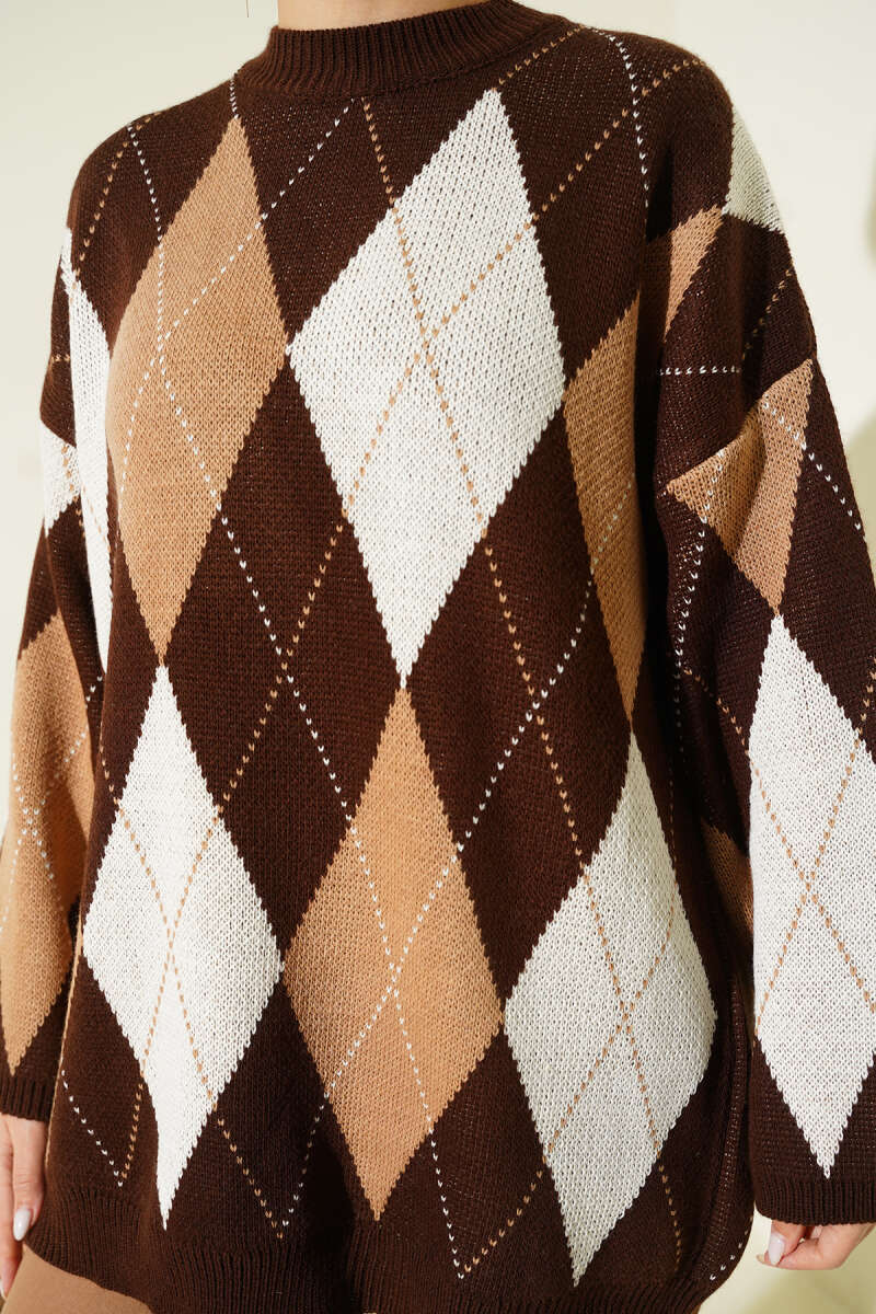 Diamond-Pattern Knit Tunic - Brown