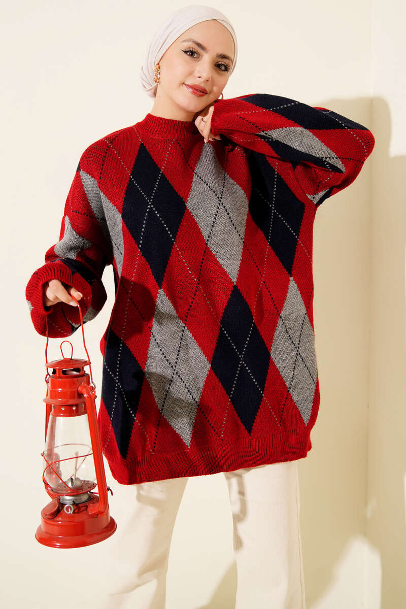 Diamond-Pattern Knit Tunic - Red