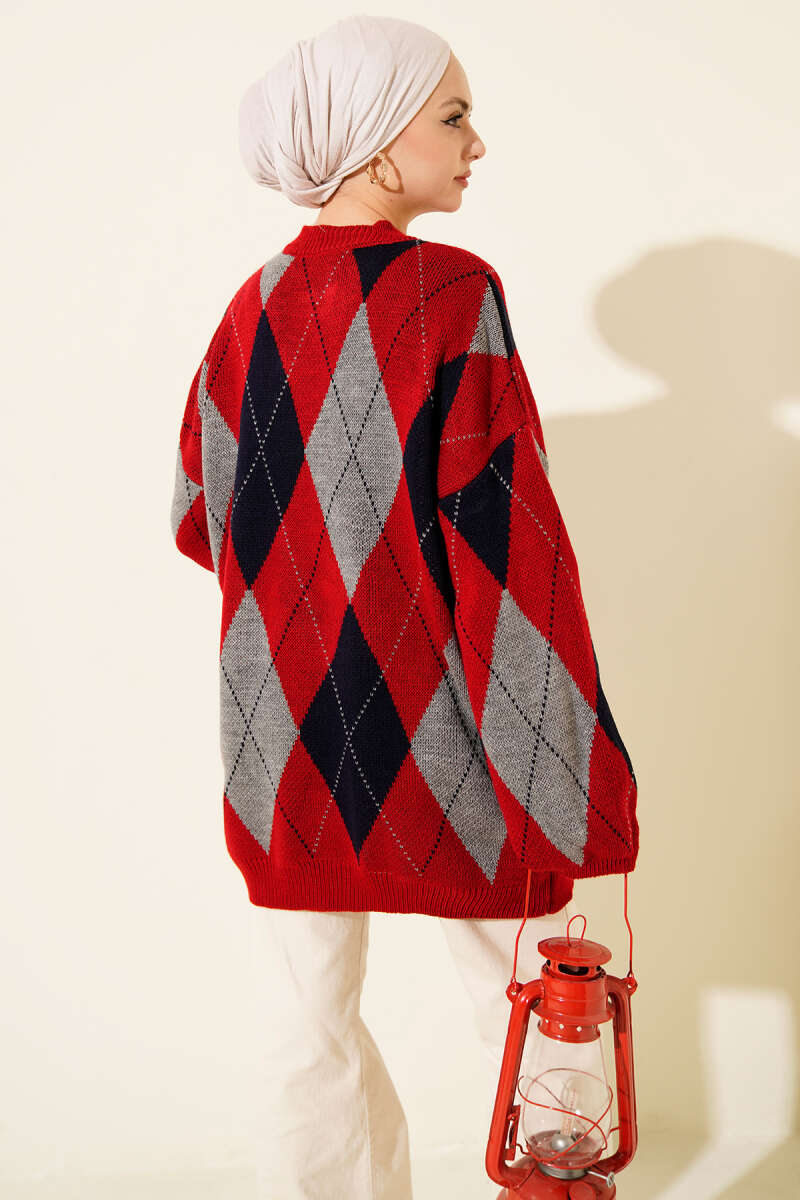 Diamond-Pattern Knit Tunic - Red